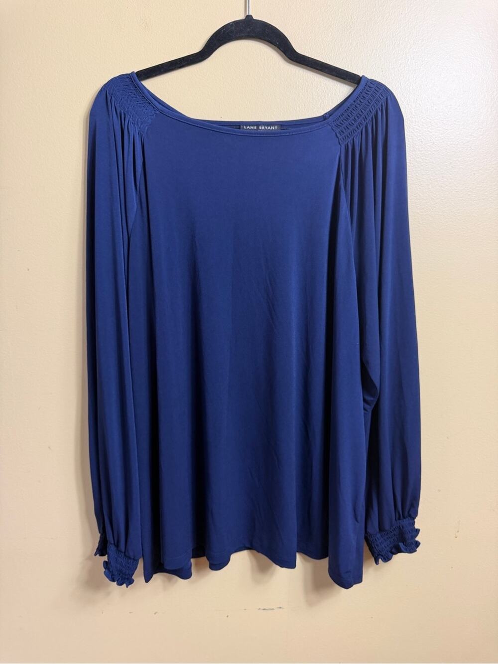 Lane Bryant Blue Smocked Shoulder Balloon Sleeve Blouse Stretch Plus Size 26/28